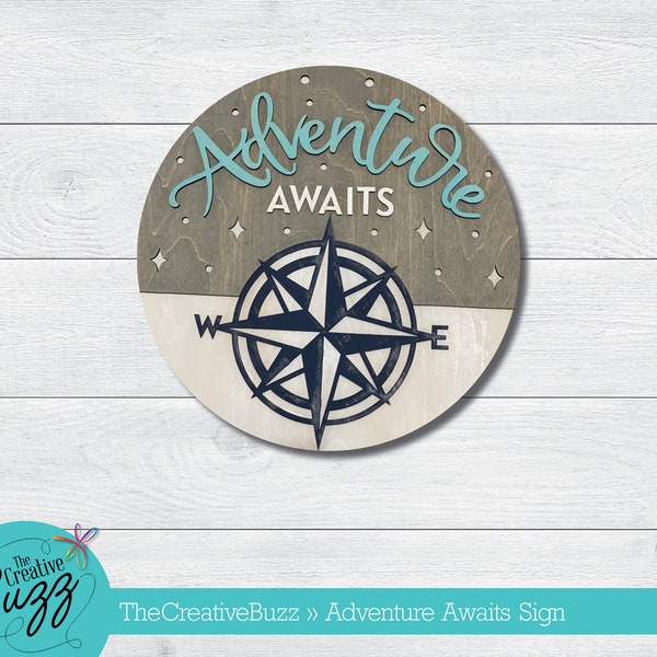 Adventure Awaits Sign,Hand Painted, Laser Cut, Wood Layered, Classroom Sign, Kids Room Sign, Mother's Day Gift, Travel, Nautical Compass