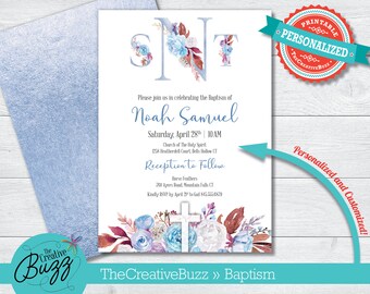Baptism Christening Blue Flowers Cross Invitation with Monogram on Shimmer Metallic Paper