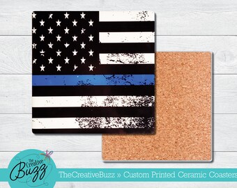 Police Flag Tile Coasters,Barware,Birthday Gift,Father's Day,4th of July,Memorial Day,Man Cave,Patriot,First Responder