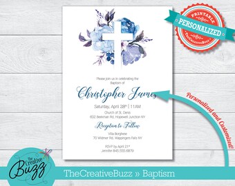 Baptism Christening Blue Flowers Cross Invitation on Shimmer Metallic Paper