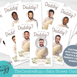 May include: A stack of baby shower game cards with the text "Who Has The Daddy?" and celebrity images. The cards feature customizable text and the option to add photos. The Creative Buzz logo is visible.