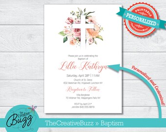 Baptism Christening Pink Coral Flowers Cross Invitation on Shimmer Metallic Paper