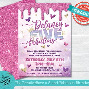 Pink Glitter Drip Five and Fabulous Party Invitation