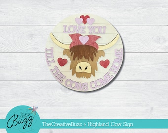 Love You...Highland Cow Sign, Laser Cut, Hand Painted Wood Layered Sign, Valentine Sign