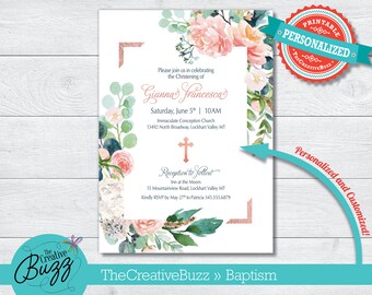 Baptism Christening Pink Coral Flowers Cross Invitation on Shimmer Metallic Paper