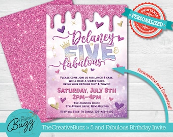 Pink Glitter Drip Five and Fabulous Party Invitation