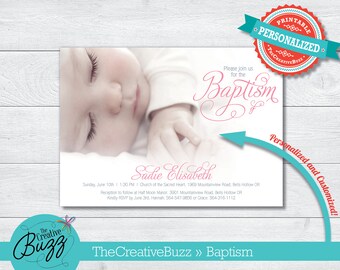 Baptism Christening Pink Baby Photo Invitation on Shimmer Metallic Paper