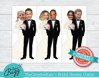Puede incluir: Juego de despedida de soltera imprimible con tres parejas vestidas con atuendos de boda. Las parejas son celebridades: Blake Lively y Ryan Reynolds, Beyoncé y Jay-Z, y Meghan Markle y el príncipe Harry. El juego se titula "The CreativeBuzz Bridal Shower Game" y incluye el texto "Descarga instantánea" y "Imprimible".