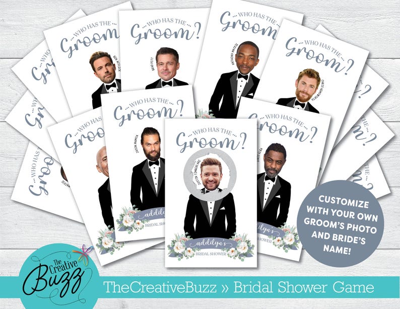 Puede incluir: Un conjunto de tarjetas blancas con la pregunta "WHO HAS THE GROOM?" en escritura gris. Cada tarjeta presenta a una celebridad con esmoquin. Las tarjetas son para un juego de despedida de soltera.