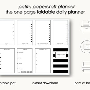 May include: A black and white printable daily planner with sections for notes, work out, meals, afternoon to do, am to do, and grateful for. The planner is designed to be folded in half and has a title that says "daily planner".