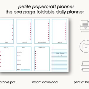 May include: A printable daily planner with a simple design. The planner is divided into sections for work, meals, gratitude, and a daily log. The planner is designed to be folded in half and is available as an instant download.