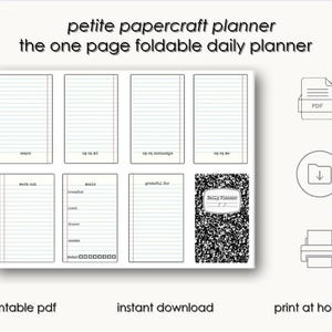 Pode incluir: Um planejador diário imprimível com uma capa salpicada de preto e branco. O planejador é projetado para ser dobrado em uma única página e inclui seções para trabalho, recados e gratidão. O planejador está disponível para download instantâneo e pode ser impresso em casa.