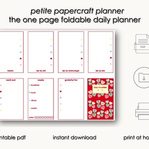 May include: Printable daily planner with a red, white, and pink heart design. The planner is divided into sections for notes, to-do lists, meals, and a gratitude log. The planner is available as an instant download and can be printed at home.