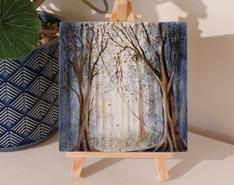 Original landscape tree painting, miniature painting of an old trees in the bush, small painting with a little easel, for tree lovers