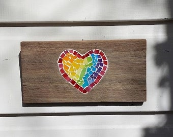 Rainbow stained glass heart mosaic wall hanging, heart inlaid on rustic reclaimed timber, rainbow mosaic to brighten a special corner