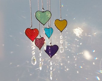 Love heart suncatcher, pick your colour of stained glass heart with a rainbow making crystal drop, beautiful love you, thinking of you gift