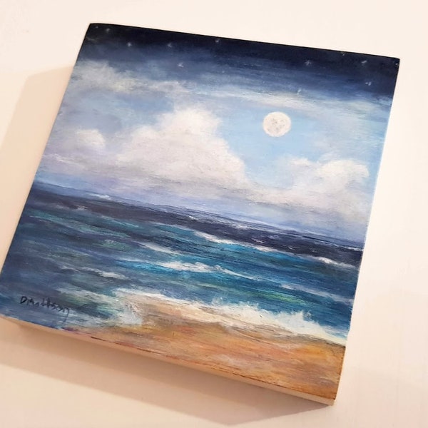 Moonlit ocean painting, for moon and star gazers, original miniature full moon painting, hand painted with acrylics on timber, blue moon art