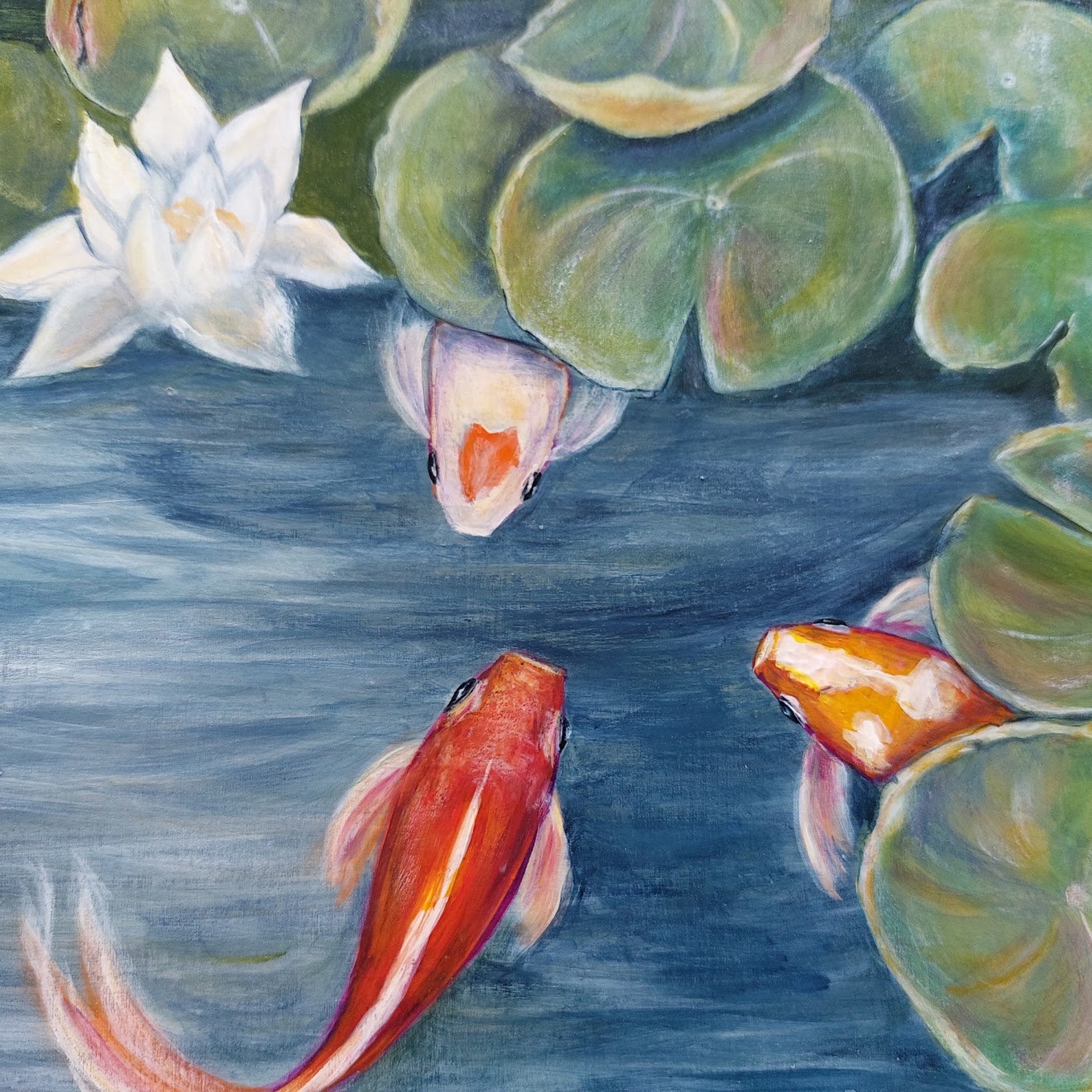 Original Colourful Koi Fish and Lily Pad Painting, Framed Acrylic ...