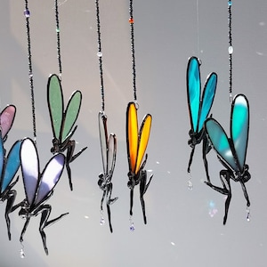 Stained glass fairy sun catcher/wall hanging, little pewter fairy with your choice of coloured wings, a tiny sparkly crystal and glass beads