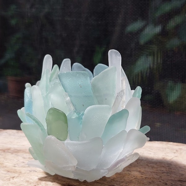 Genuine white and seafoam sea glass tealight holder, has tiny quartz crystals, gift for the beach and nature lover, nautical beach decor