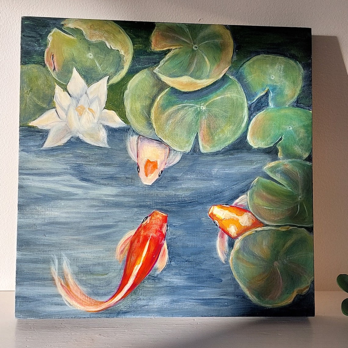 Original Colourful Koi Fish and Lily Pad Painting, Framed Acrylic ...