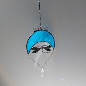 Blue stained glass crescent moon suncatcher with big pewter Luna moth butterfly, semi precious stone beads and rainbow making crystals