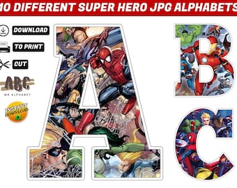 500 IMAGES - 10 Different Superhero Alphabets - Superhero Wall Letters Jpg - Superhero Party Supplies - Superhero Birhtday Banner