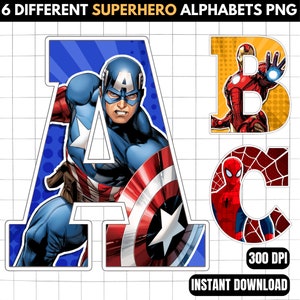 270 images - 6 alphabets de super-héros avec différents arrière-plans (png) - Lettres de super-héros (png) - Bannière d'anniversaire de super-héros (png) - Police de caractères de super-héros