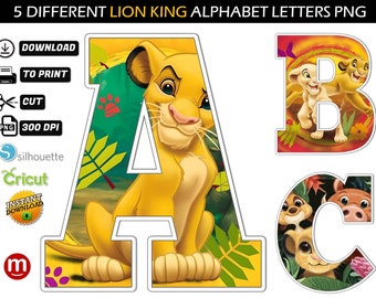 PACK 225 IMAGES - 5 Different Alphabets - Lion King Alphabet PNG - Lion King Birthday Banner - Lion King birthday Decorations - Font