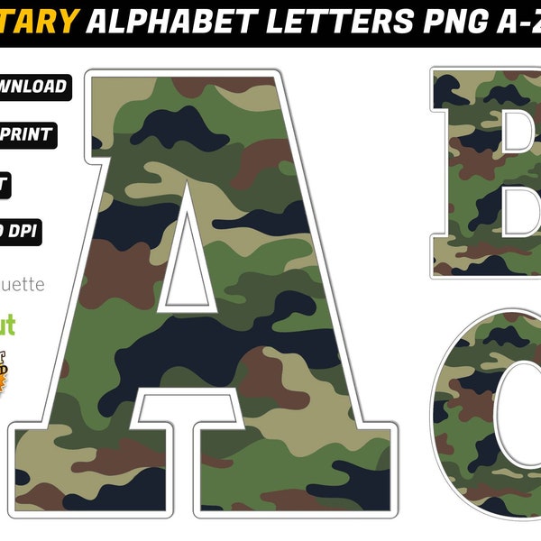 Alphabet militaire PNG - Lettres militaires PNG - Décorations d’anniversaire militaires - Soirée militaire imprimable - Fête de camouflage militaire