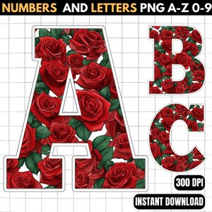 Rose Alphabet PNG - Rose Letters Png - Flower Font - Rose Alphabet Clipart - Flower Wall Art - Flower Alphabet Print - Red Roses Clipart