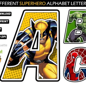 400 IMMAGINI - 10 alfabeti di supereroi Sfondi diversi Png - Lettere di supereroi png - Striscione di compleanno di supereroi png - Carattere di supereroi