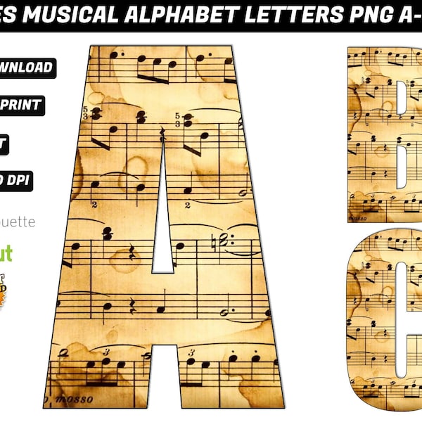 Musical Notes Alphabet PNG - Musical Notes Letter Font Clip Art PNG Silhouette Files - Musical Notes Alphabet png Cricut