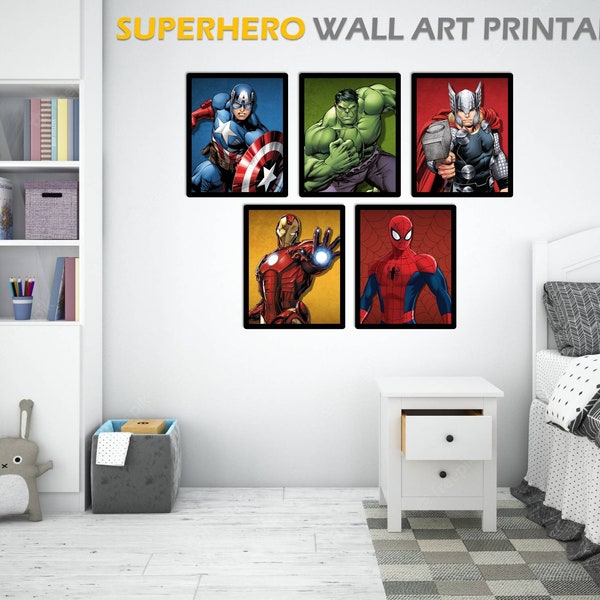 SET 5 - Superhero Wall Art Printable - Superhero Poster Set - Superhero Prints For Boys Room - superhero download - Kids Room Wall Art