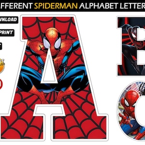 1000 IMAGES - 20 Different Spiderman Alphabets - Spiderman Wall Letters Jpg -Spiderman Party Supplies - FREE Cake Topper and Birthday Banner