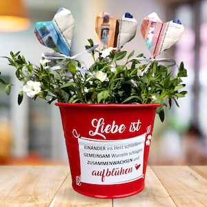 Op de afbeelding: Een rode metalen plantenbak met de woorden "Liebe ist" en een citaat over liefde in het Duits. Drie origami-harten gemaakt van geld bevinden zich in de plantenbak met een groene plant en witte bloemen.