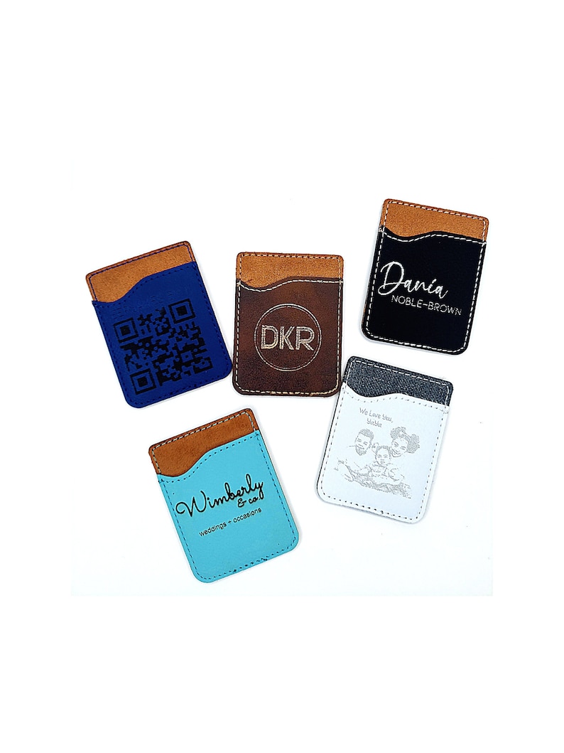 Engraved Personalized Leather Phone Wallet with cardID slot includes adhesive back