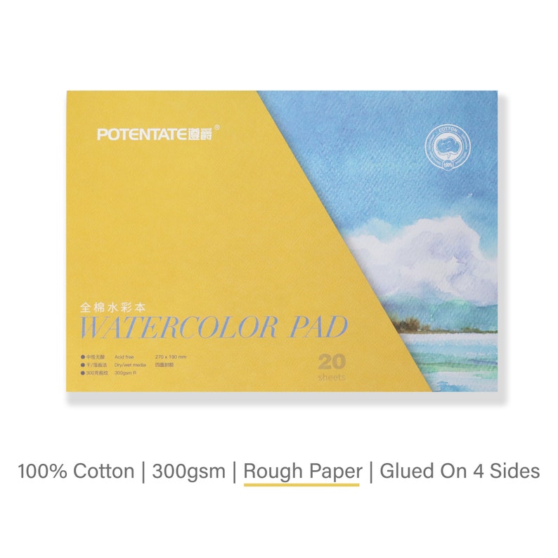 7.5 x 10.5 Watercolor Paper Blocks, 100% Cotton 140 lb/300 gsm Watercolor Pad, 20 Sheets Rough - Yellow