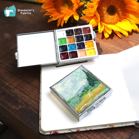Magnetic Portable  Artists’ Watercolor Travel Palette – 16/18 Hand-Filled Holbein Colors with Metal Tin
