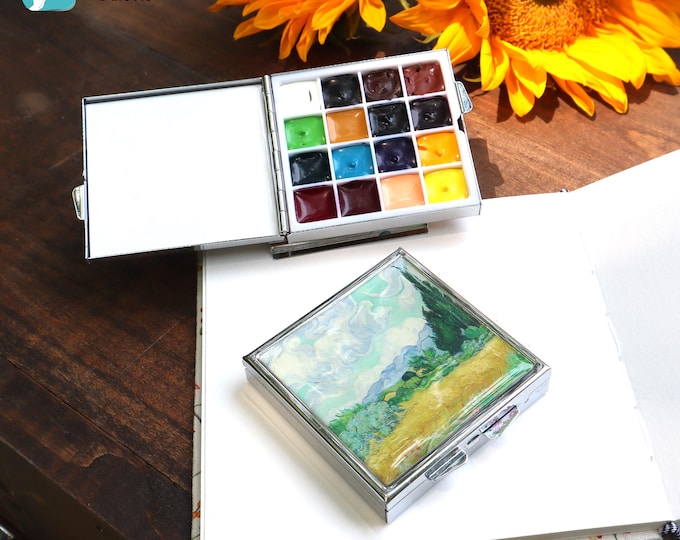 Magnetic Portable  Artists’ Watercolor Travel Palette – 16/18 Hand-Filled Holbein Colors with Metal Tin