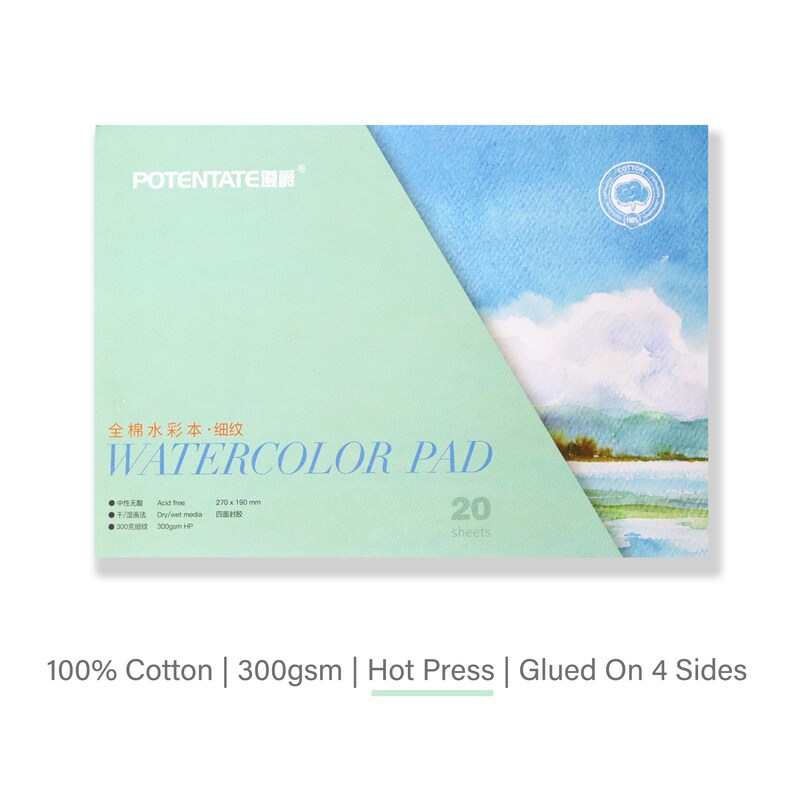 7.5 x 10.5 Watercolor Paper Blocks, 100% Cotton 140 lb/300 gsm Watercolor Pad, 20 Sheets Hot Press - Mint