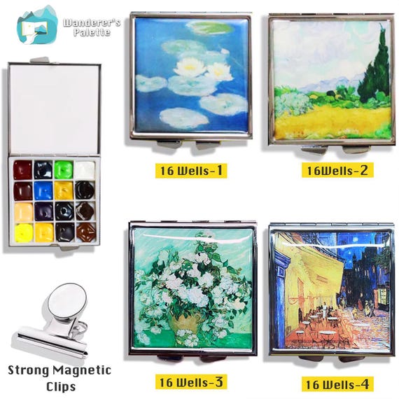 Magnetic Portable  Artists’ Watercolor Travel Palette – 16/18 Hand-Filled Holbein Colors with Metal Tin