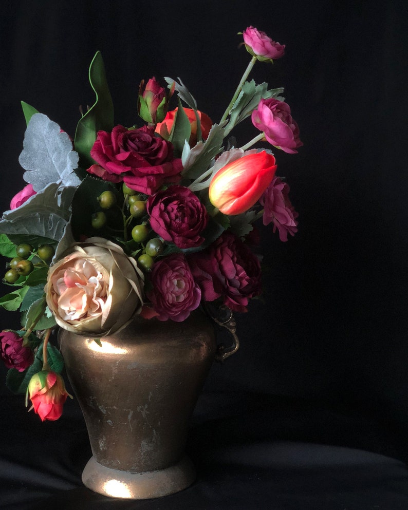 Burgundy Silk Flower Arrangement in a Vintage Gold Metal Vase Etsy