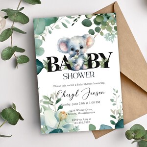 Modèle d'invitation de douche de bébé, invitation de douche de bébé de Koala, carte de douche de bébé de jungle, annonce de bébé de fille de garçon, douche de bébé de safari