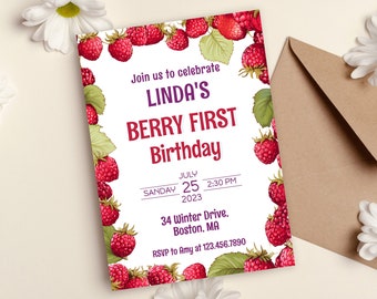 Berry First Birthday Invitation, Raspberries 1st Birthday  Printable Invite, Girl 1st Birthday Invitation Template, Red Berry 1st Birthday