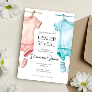 Invitation de fête de révélation de genre, invitation de fête de bébé garçon ou de fille, carte de fête de lui ou de elle, modèle d'invitation de fête de sexe, invitation bleue et rose