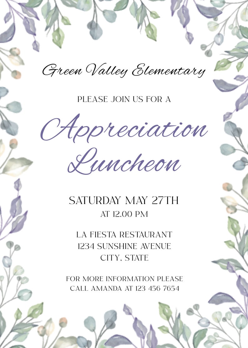 Appreciation Luncheon Invitation Template, Grateful Teacher Invitation ...