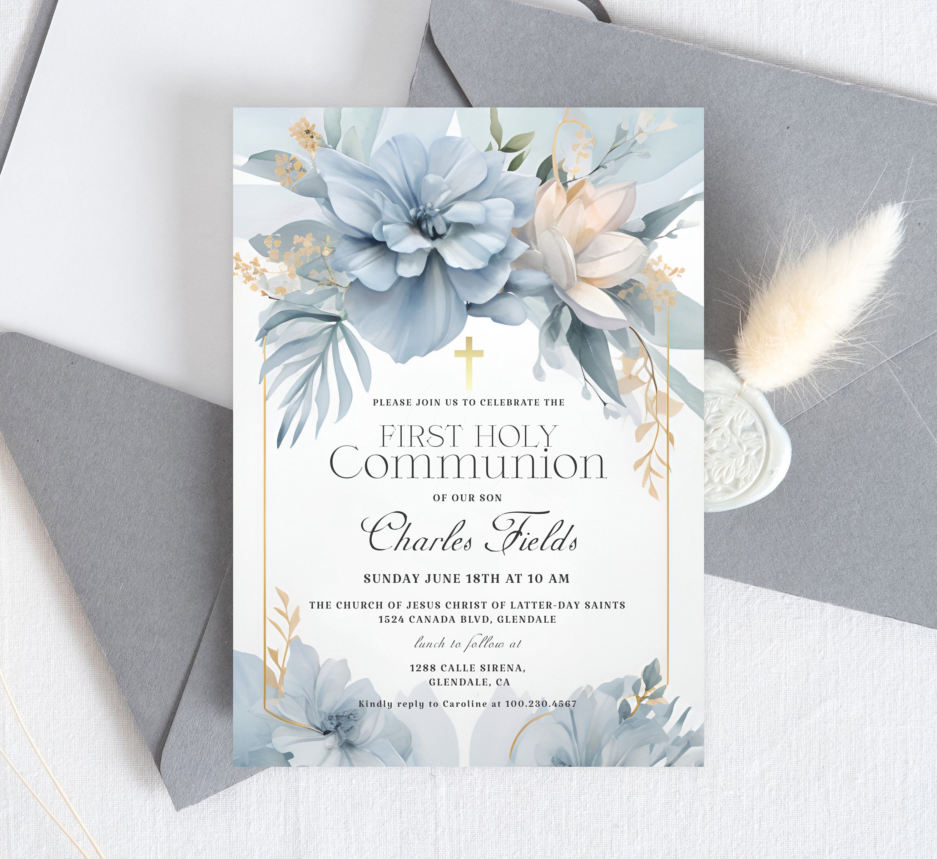 First Holy Communion Invitation Template, Blue and Gold Communion