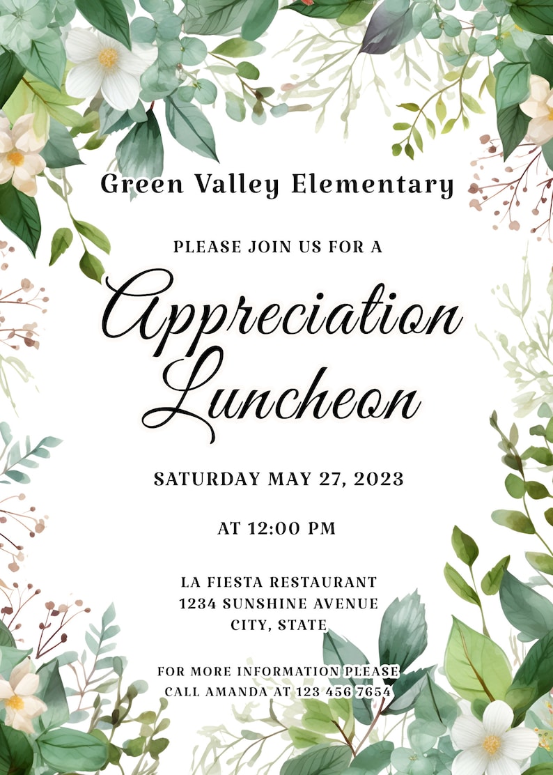 Appreciation Luncheon Invitation Template, Grateful Teacher Invitation ...