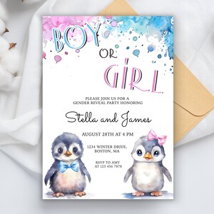 Gender Reveal party uitnodiging sjabloon, Baby Boy of Girl party uitnodiging, Hij of Zij partij afdrukbare uitnodiging, Penguin gender party nodigt uit